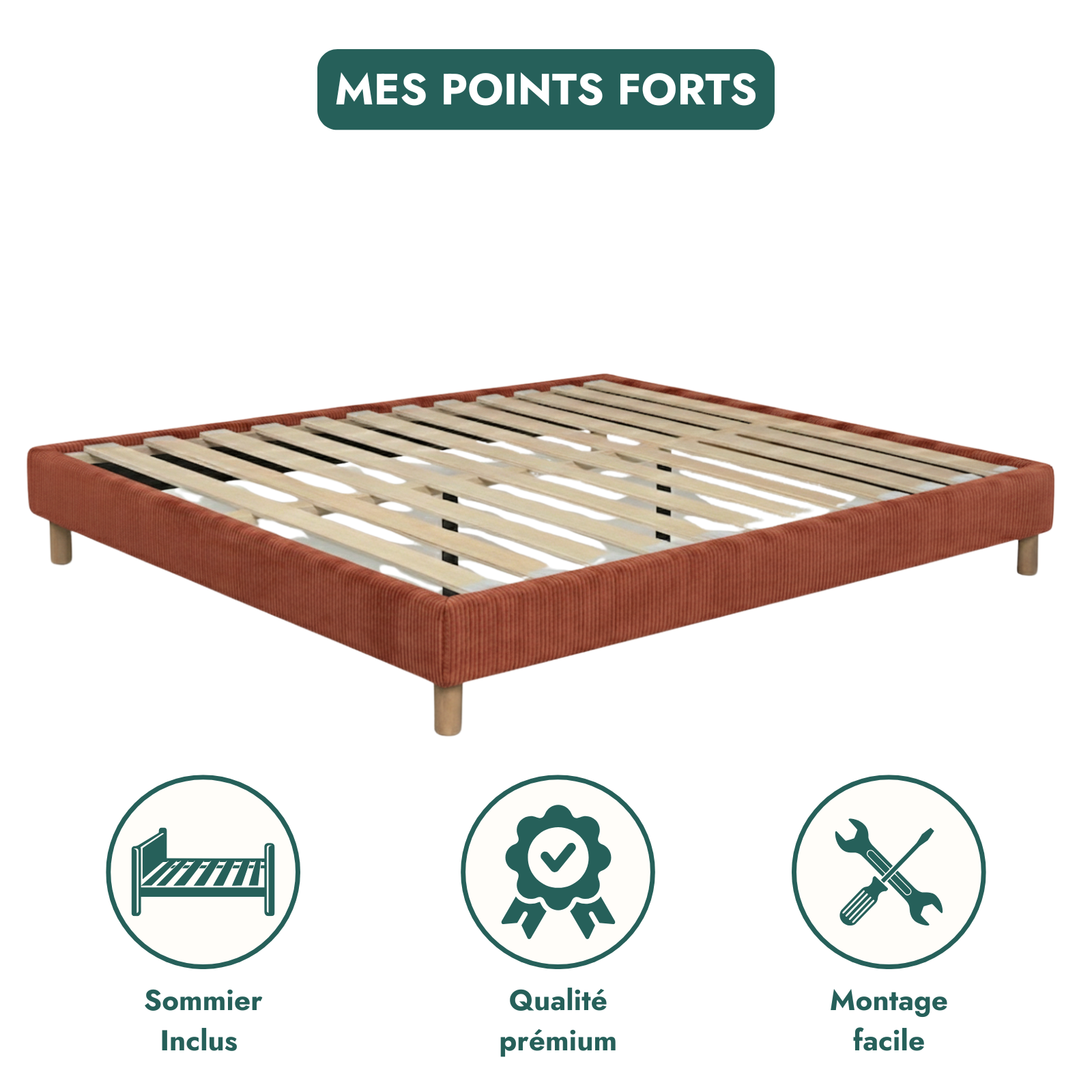 Corduroy bed base, bed frame, wooden legs, pelvic support – Deco Collection