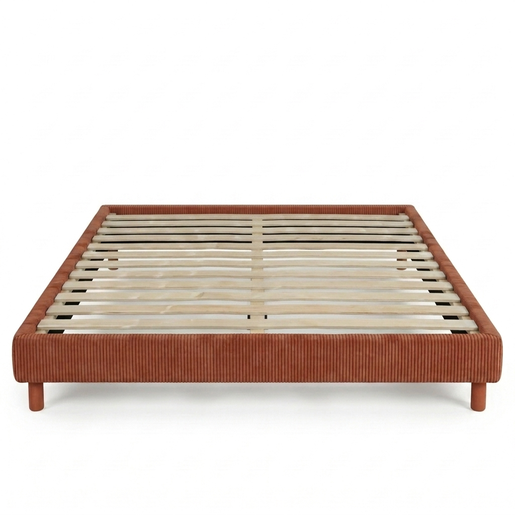 Sommier velours côtelé, cadre de lit, pieds bois, maintien bassin – Collection Deco