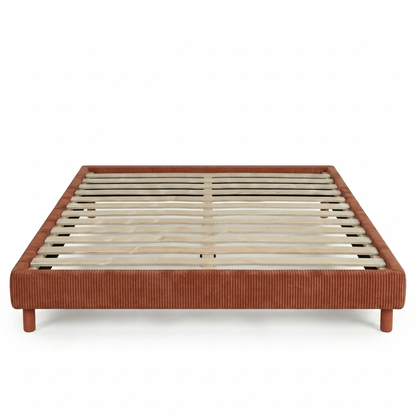 Sommier velours côtelé, cadre de lit, pieds bois, maintien bassin – Collection Deco