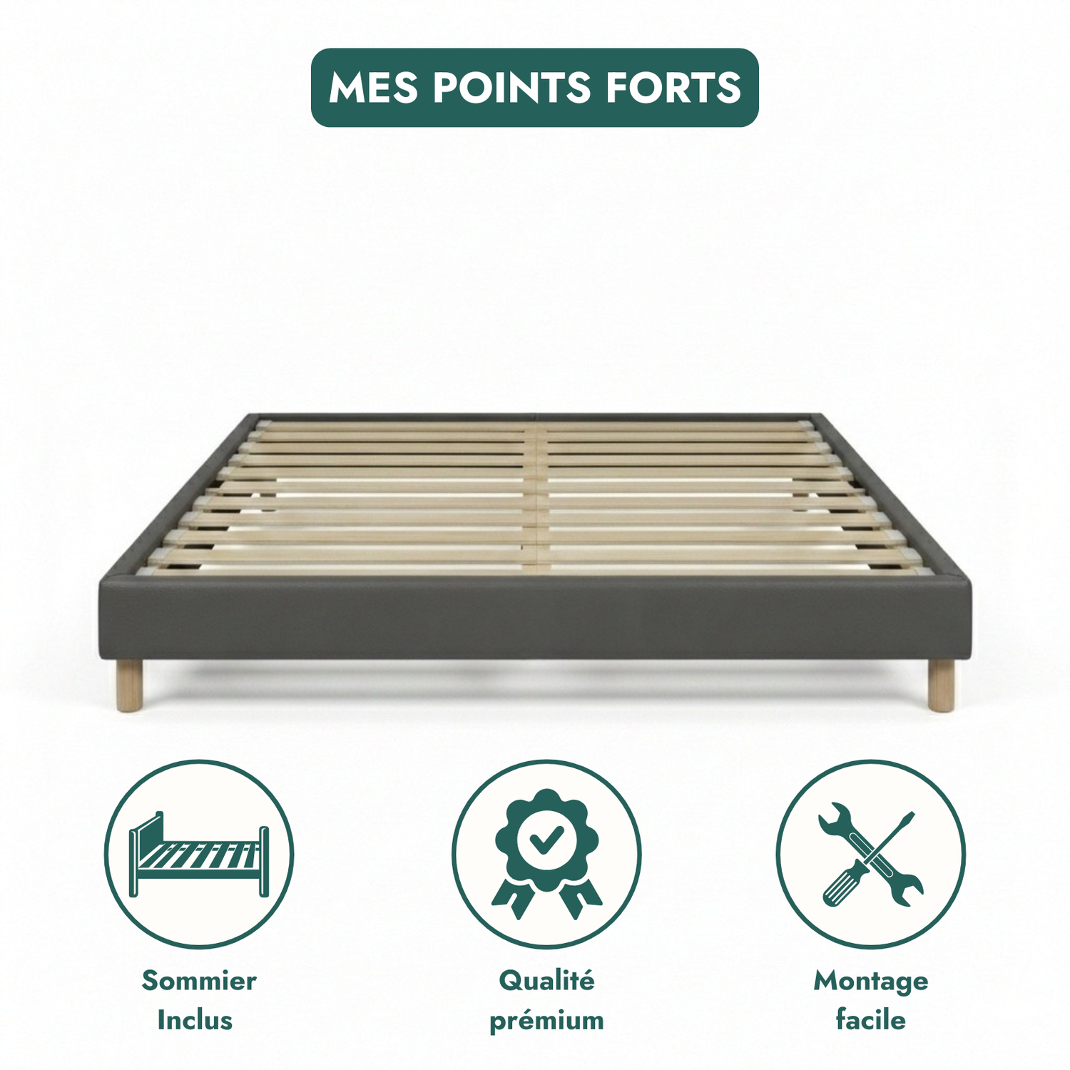 Faux leather bed base, wooden bed frame and legs, pelvic support - Deco Collection