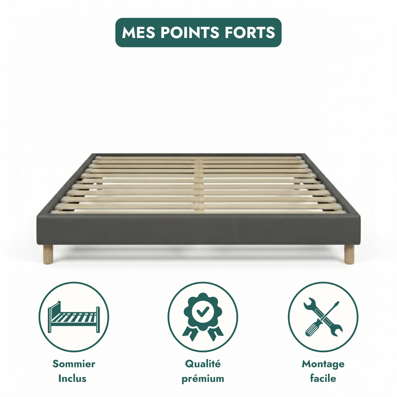 Faux leather bed base, wooden bed frame and legs, pelvic support - Deco Collection