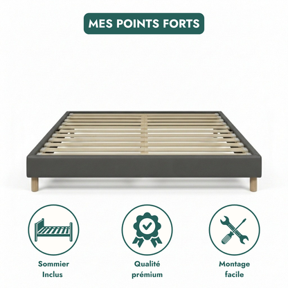 Faux leather bed base, wooden bed frame and legs, pelvic support - Deco Collection