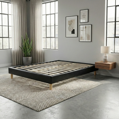 Faux leather bed base, wooden bed frame and legs, pelvic support - Deco Collection