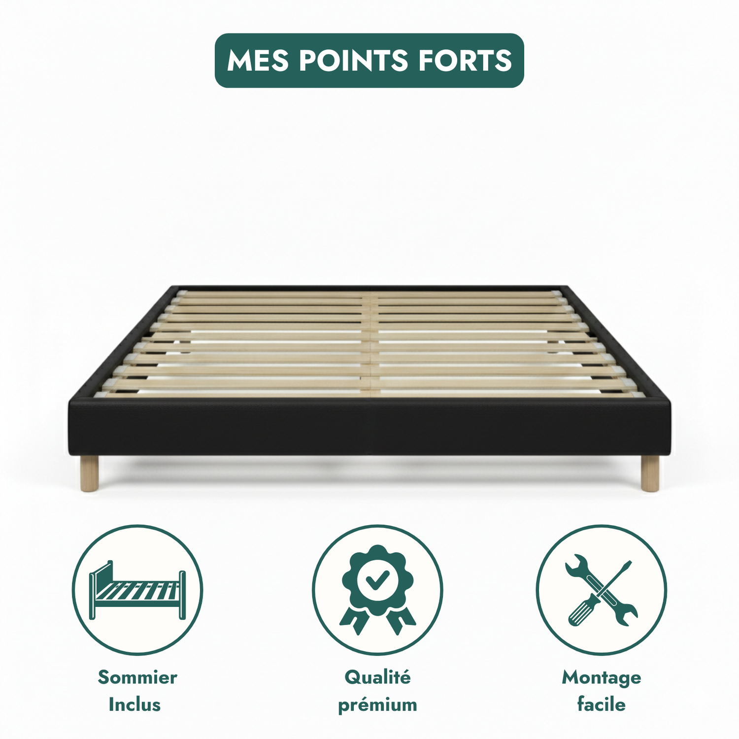 Faux leather bed base, wooden bed frame and legs, pelvic support - Deco Collection