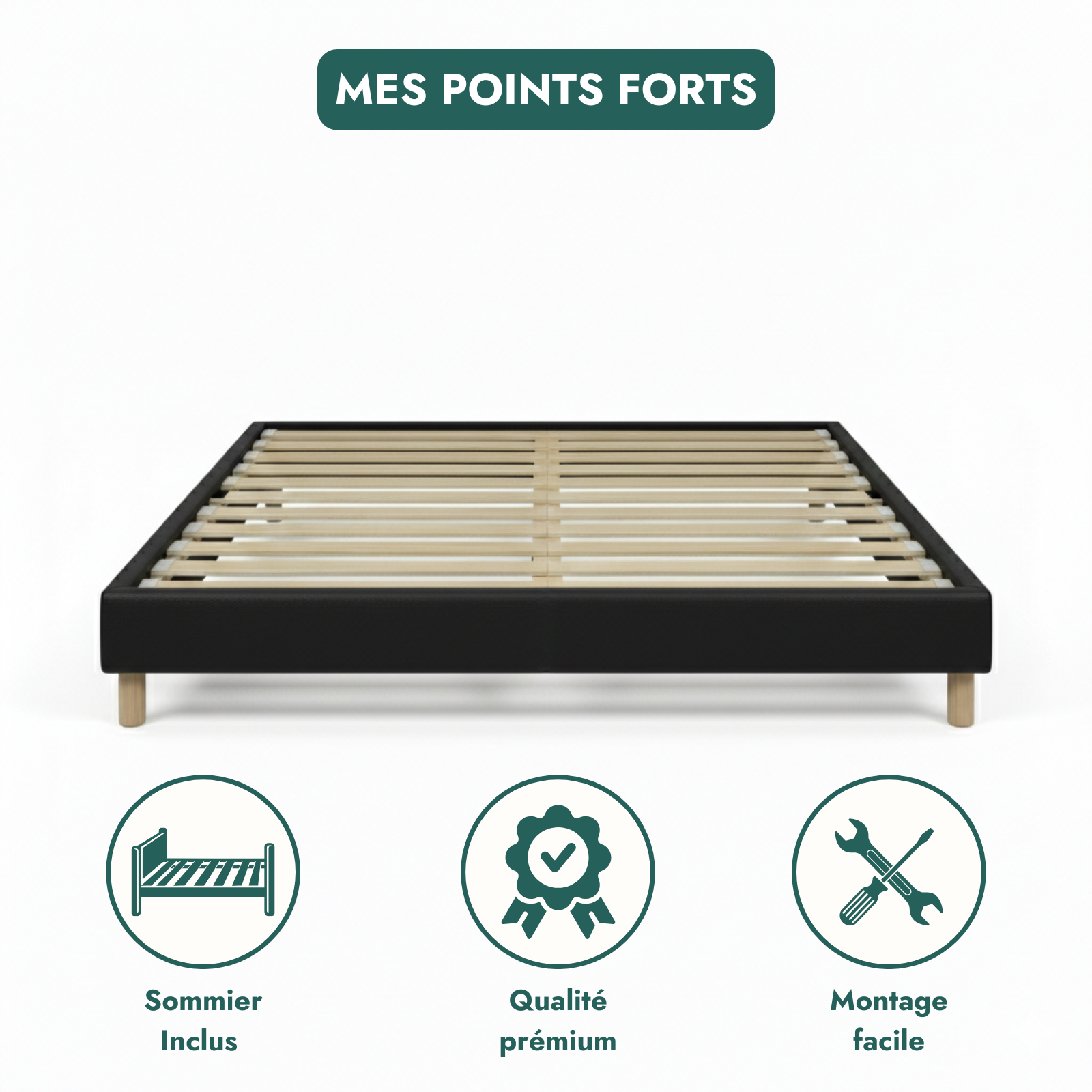 Faux leather bed base, wooden bed frame and legs, pelvic support - Deco Collection