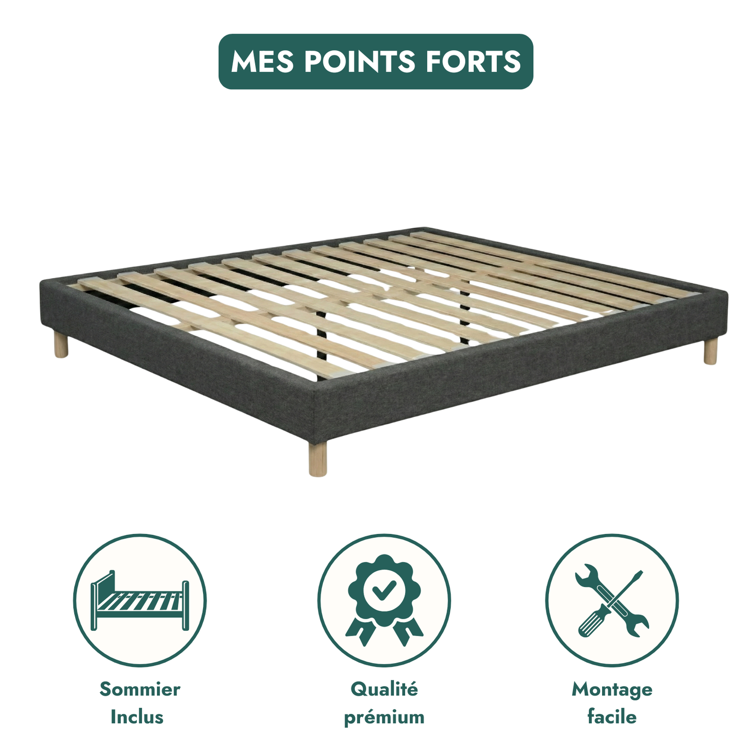 Fabric bed base, bed frame, wooden legs, pelvic support - Deco Collection