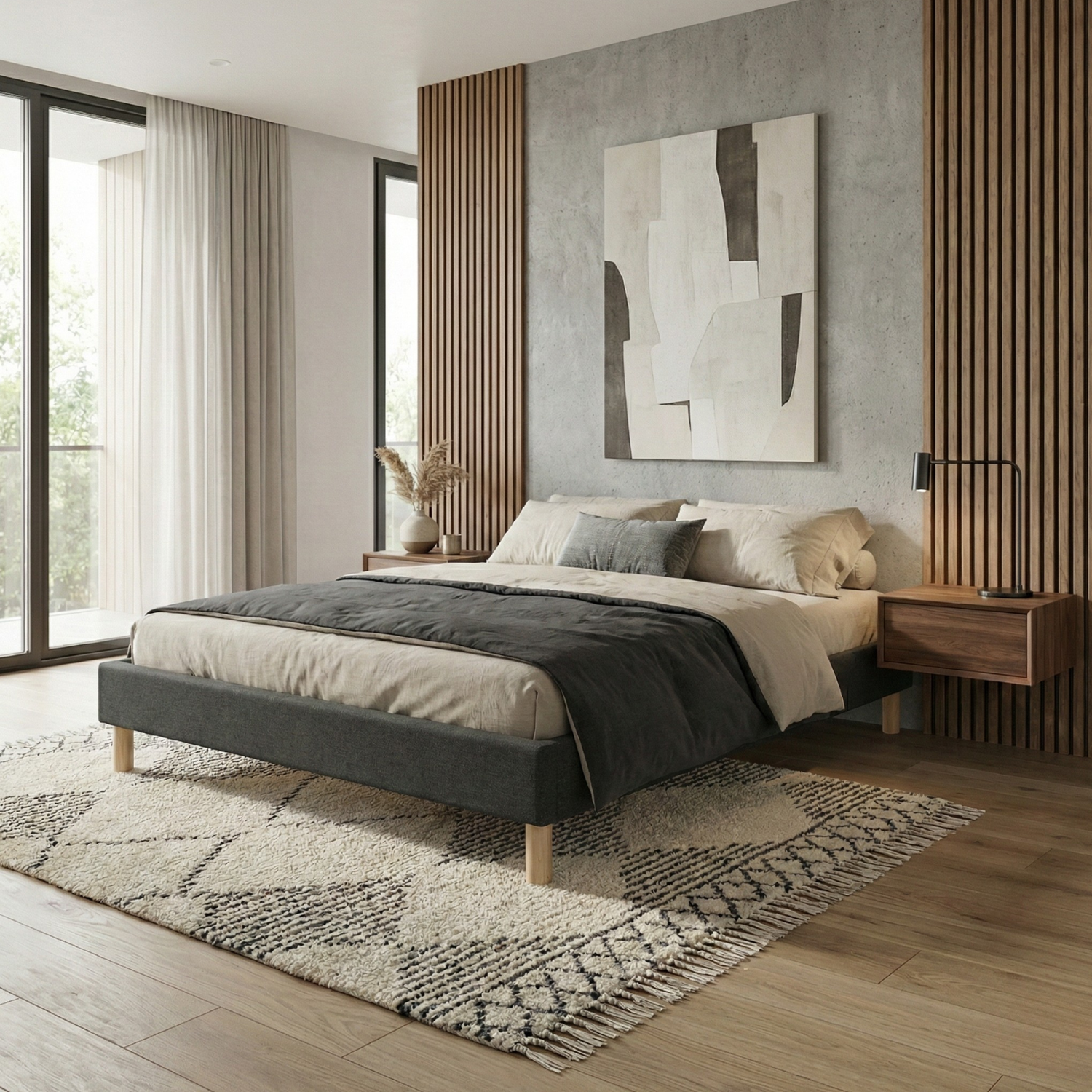 Fabric bed base, bed frame, wooden legs, pelvic support - Deco Collection