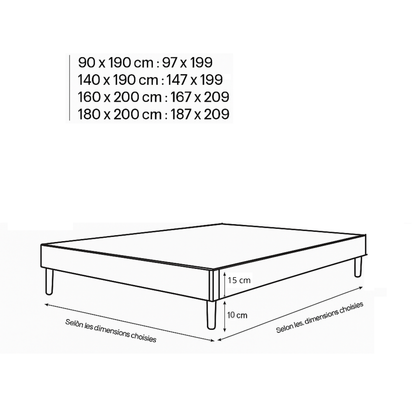 Sommier velours côtelé, cadre de lit, pieds bois, maintien bassin – Collection Deco