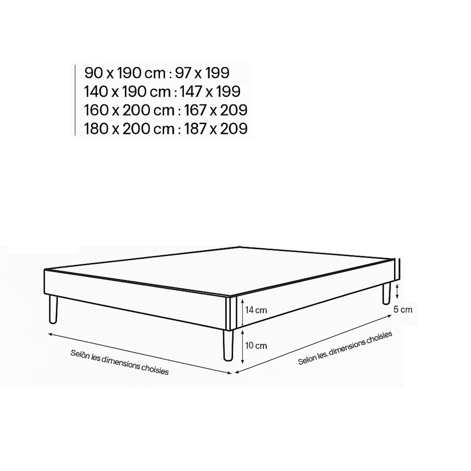 Sommier tapissier, contour tissu, structure bois, lattes flexibles - Collection Confort