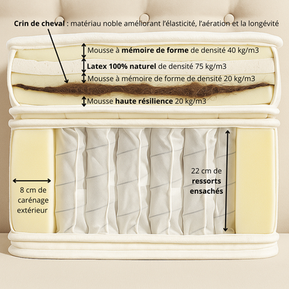 Matelas latex 35 cm, crin de cheval, mémoire de forme et ressorts ensachés - Collection Amethyste