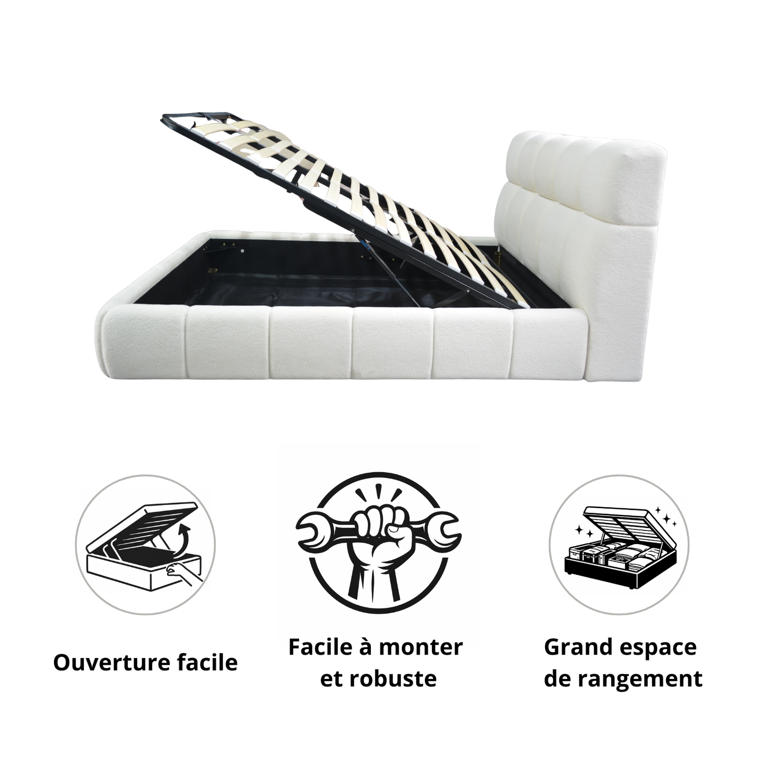 Lit coffre Aneto, tête de lit, grand espace de stockage, tissu chenille - Collection Aneto