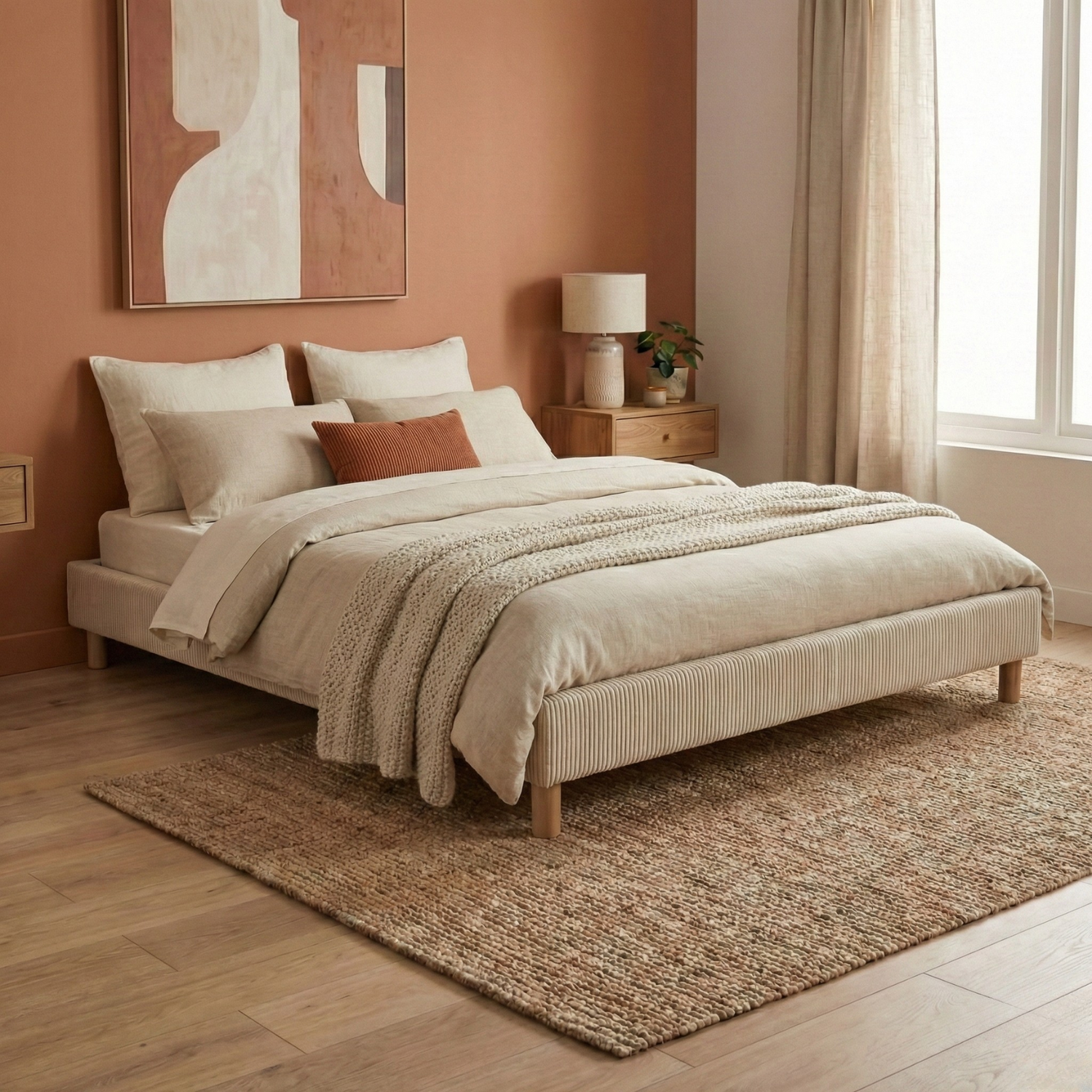Corduroy bed base, bed frame, wooden legs, pelvic support – Deco Collection