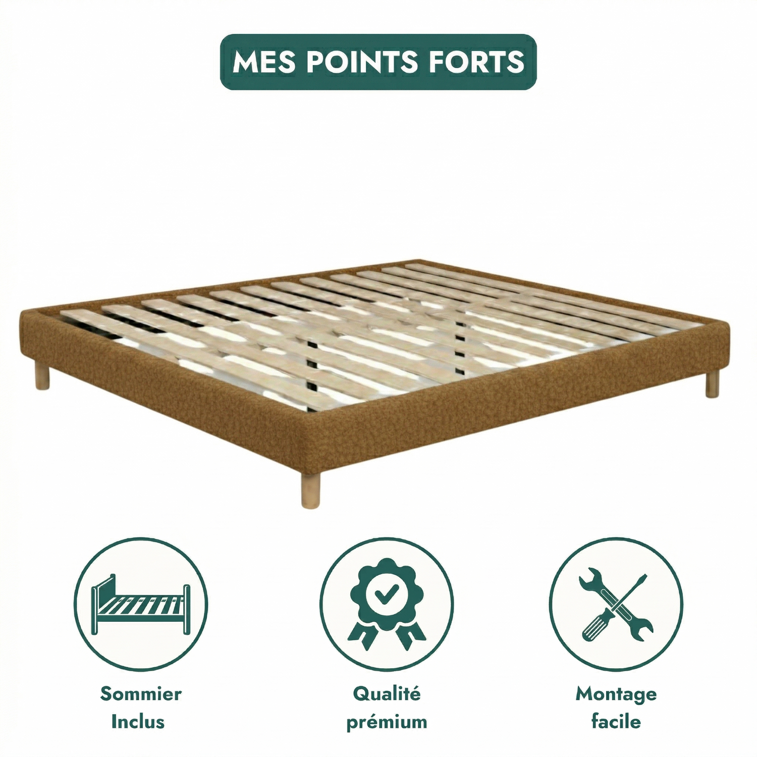 Sommier bouclette, cadre de lit, pieds bois, maintien bassin - Collection Deco