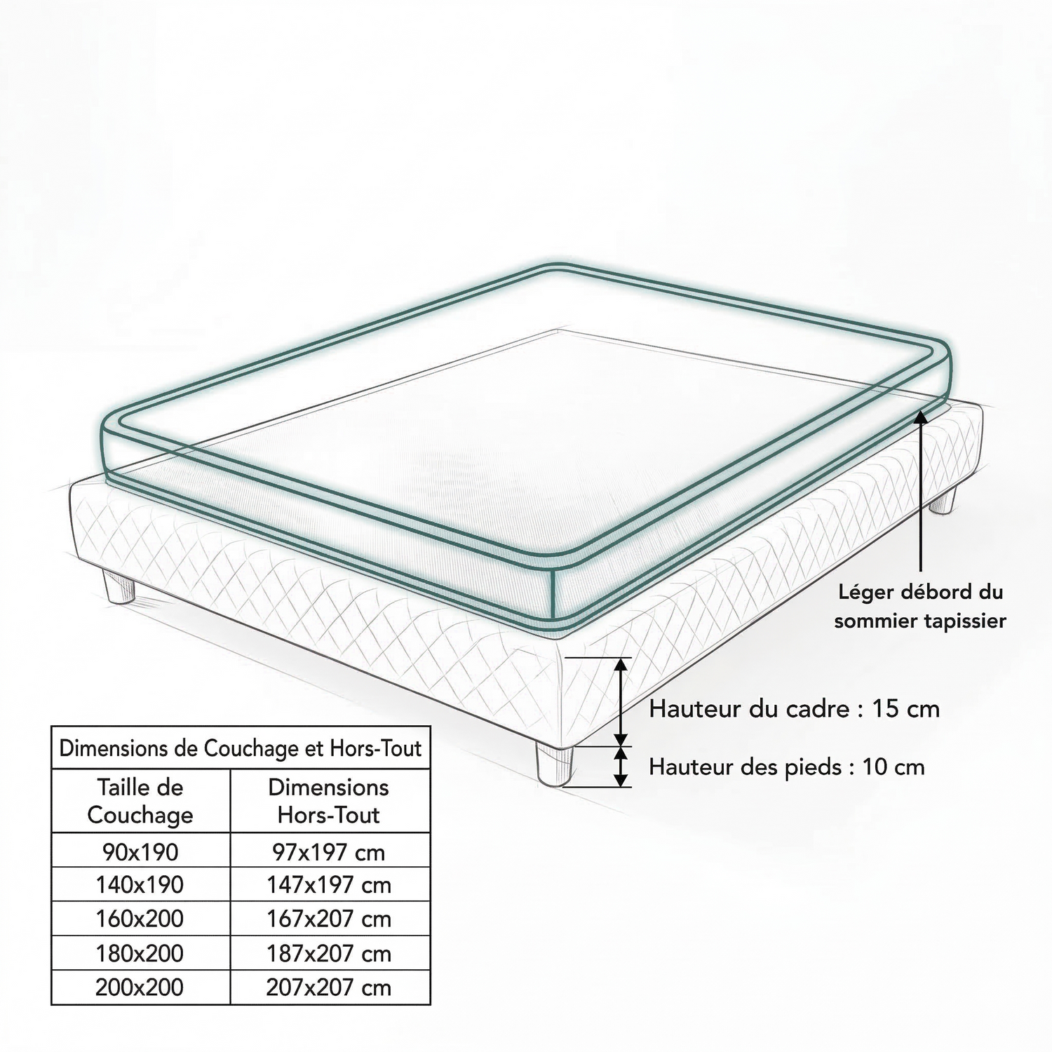 Upholstered bed base, fabric border, wooden frame - Comfort Collection