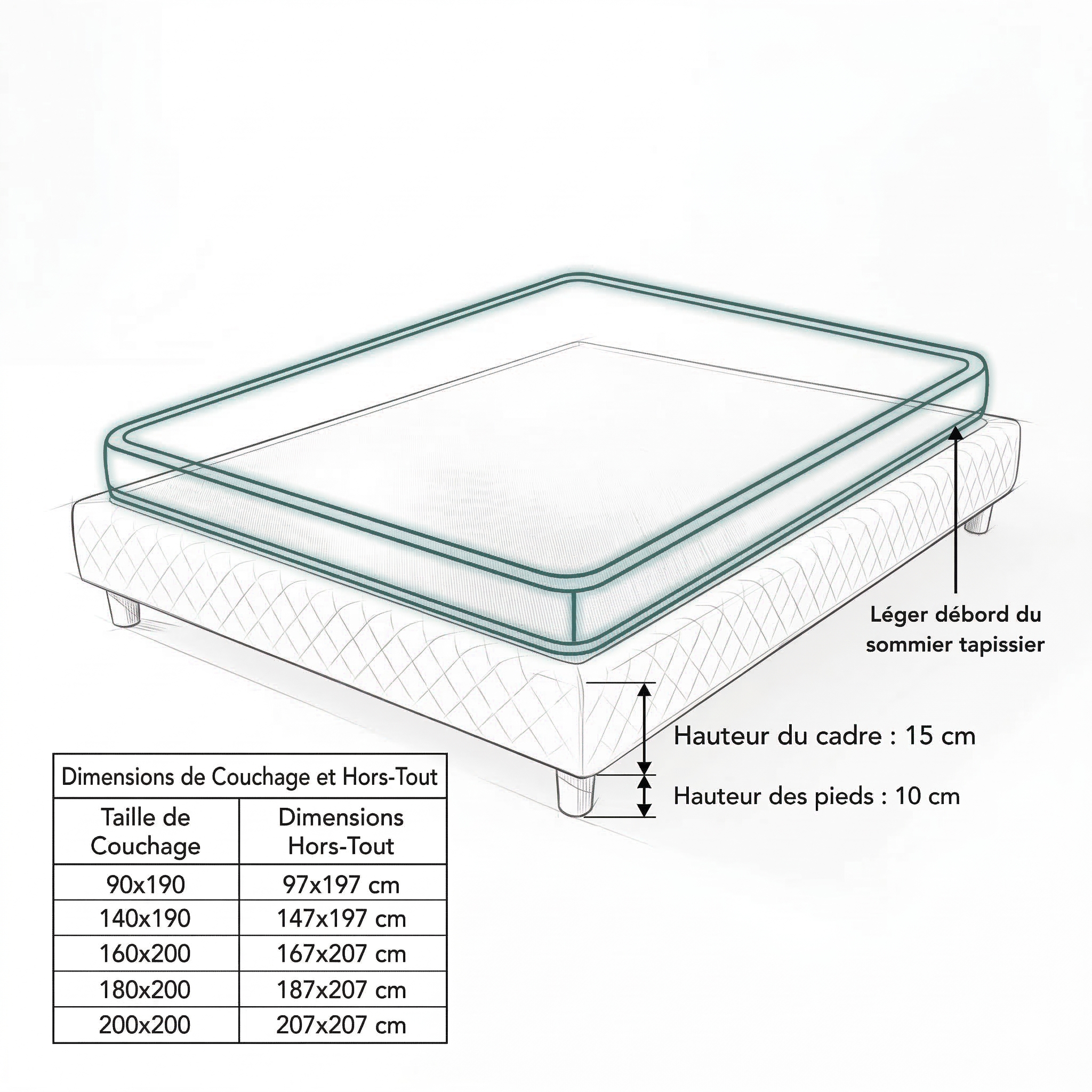 Upholstered bed base, fabric border, wooden frame - Comfort Collection