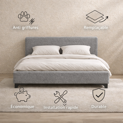 Tête de lit avec housse bouclette grise
