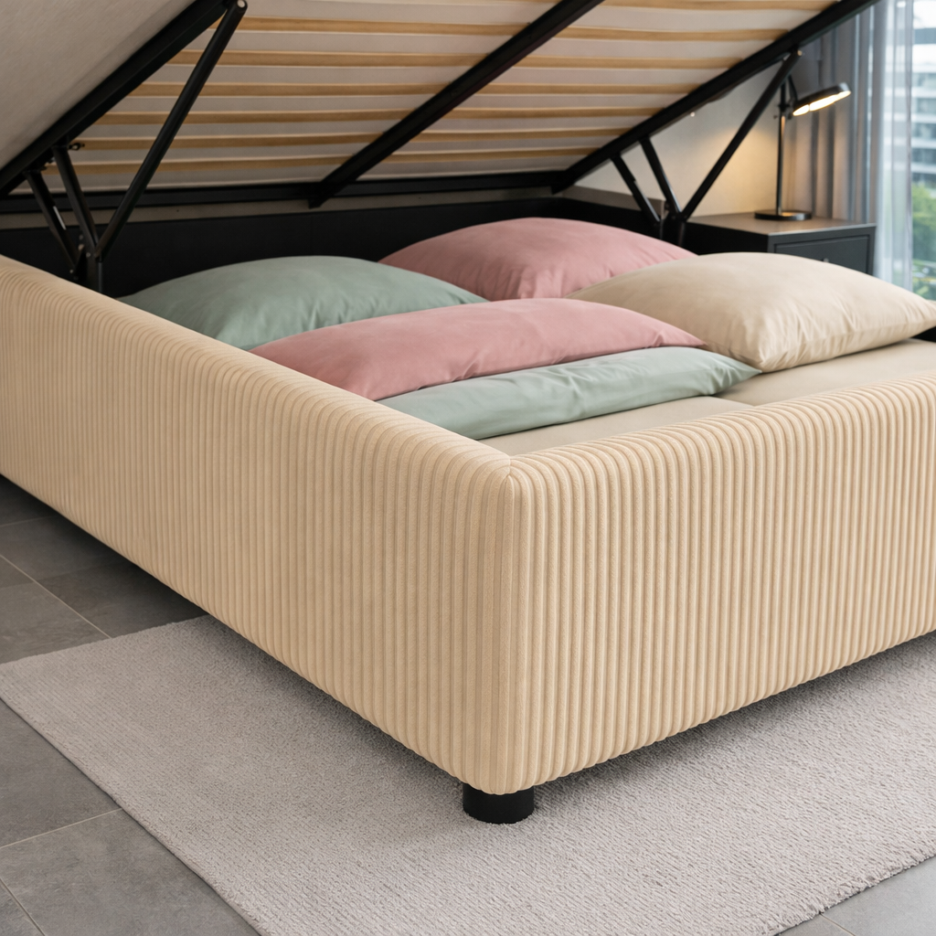 Housse structure lit coffre velours côtelé sable