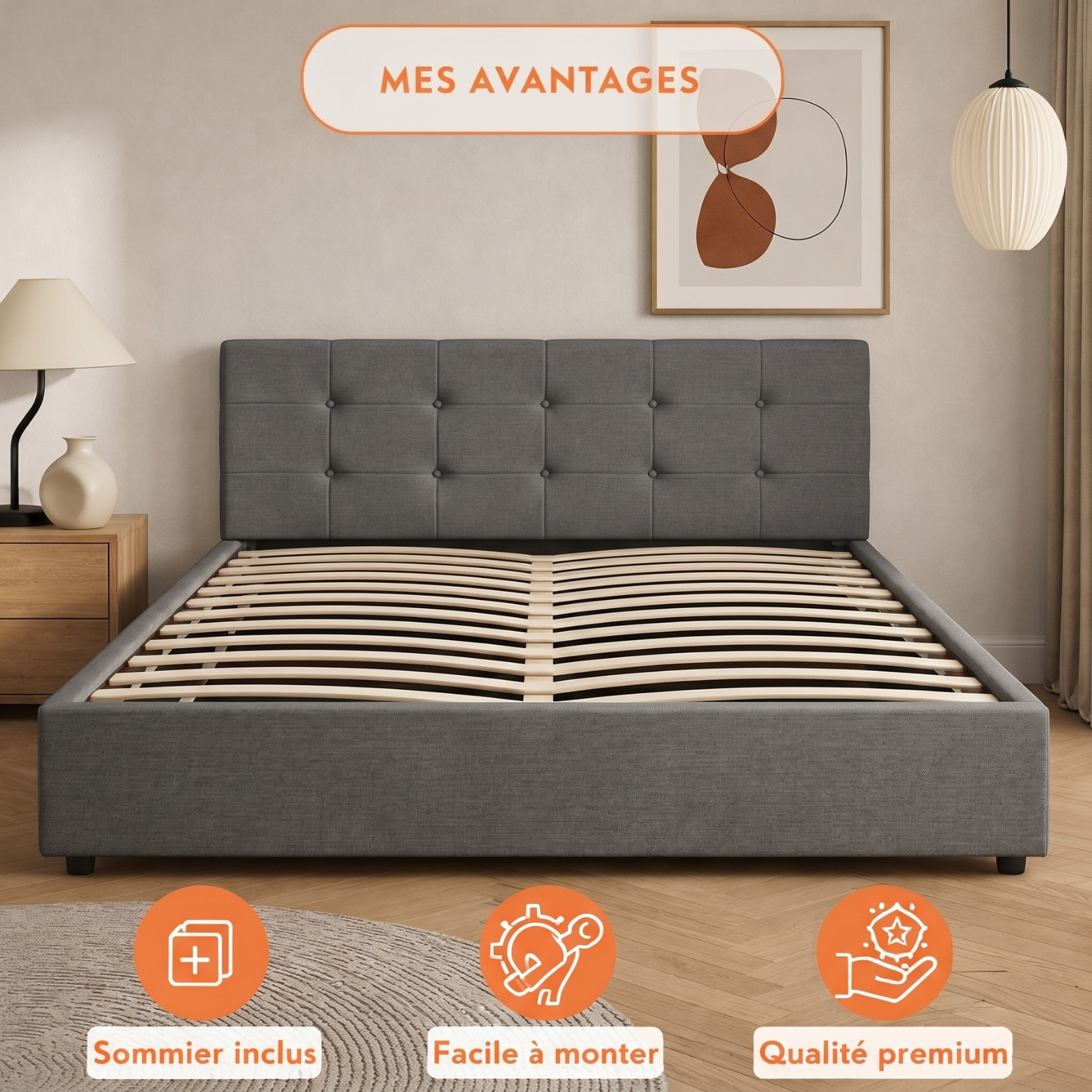 Lit coffre électrique XXL avec tête de lit design en tissu - Collection Electro