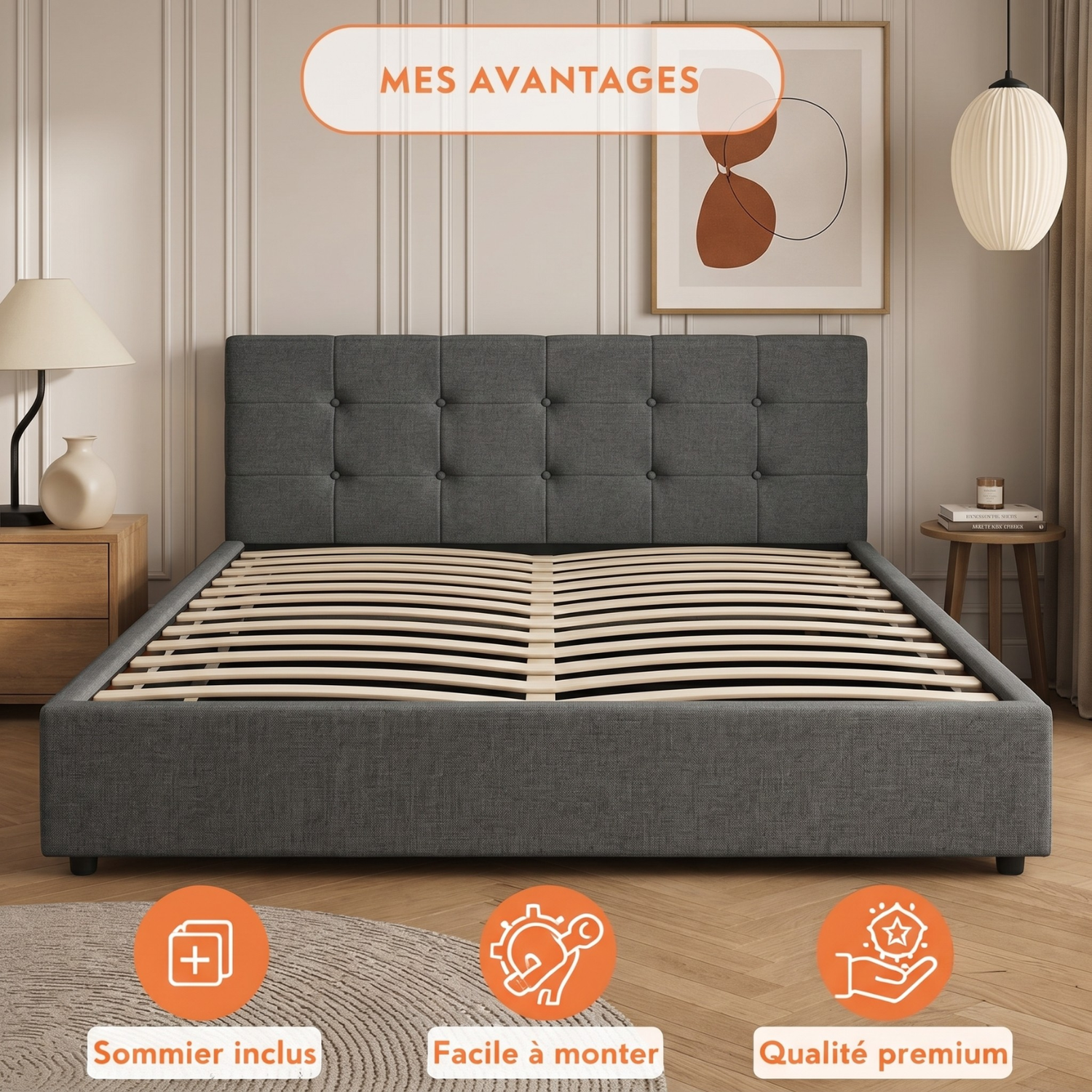 Lit coffre électrique XXL avec tête de lit design en tissu - Collection Electro