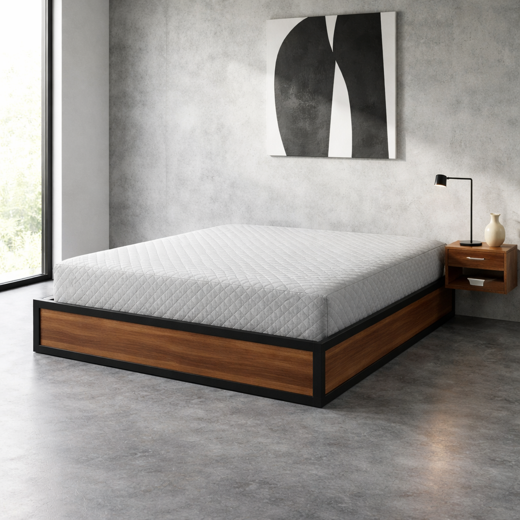 Industrial-style storage bed, wooden slatted base, large storage compartment - Boston Collection
