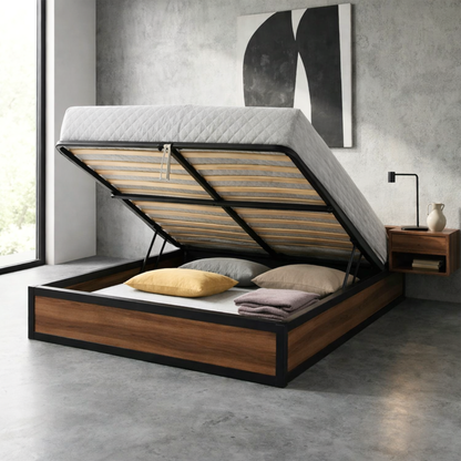 Industrial-style storage bed, wooden slatted base, large storage compartment - Boston Collection