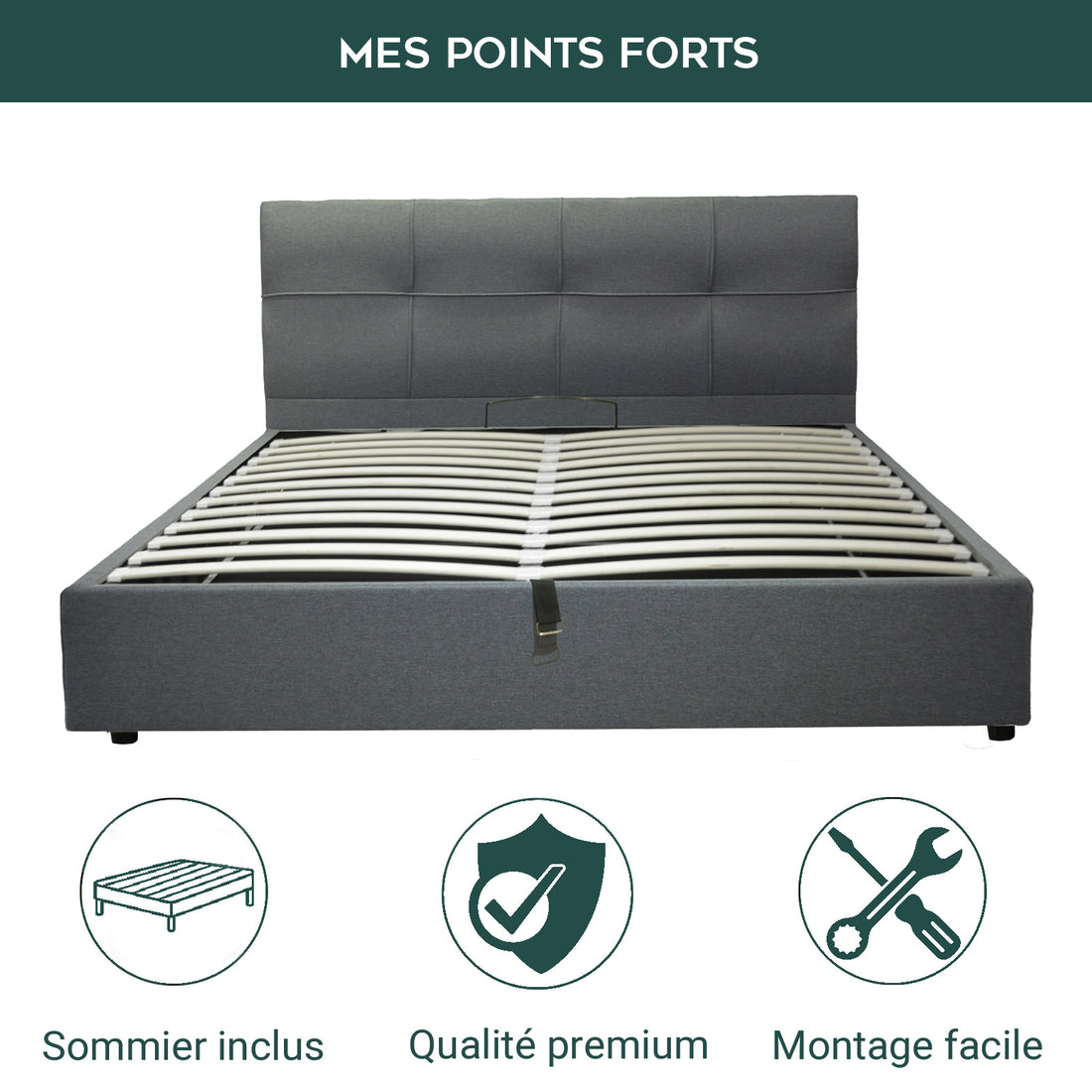Lit coffre VariLuxe innovant - Tête de lit interchangeable : Tissu et grand coffre