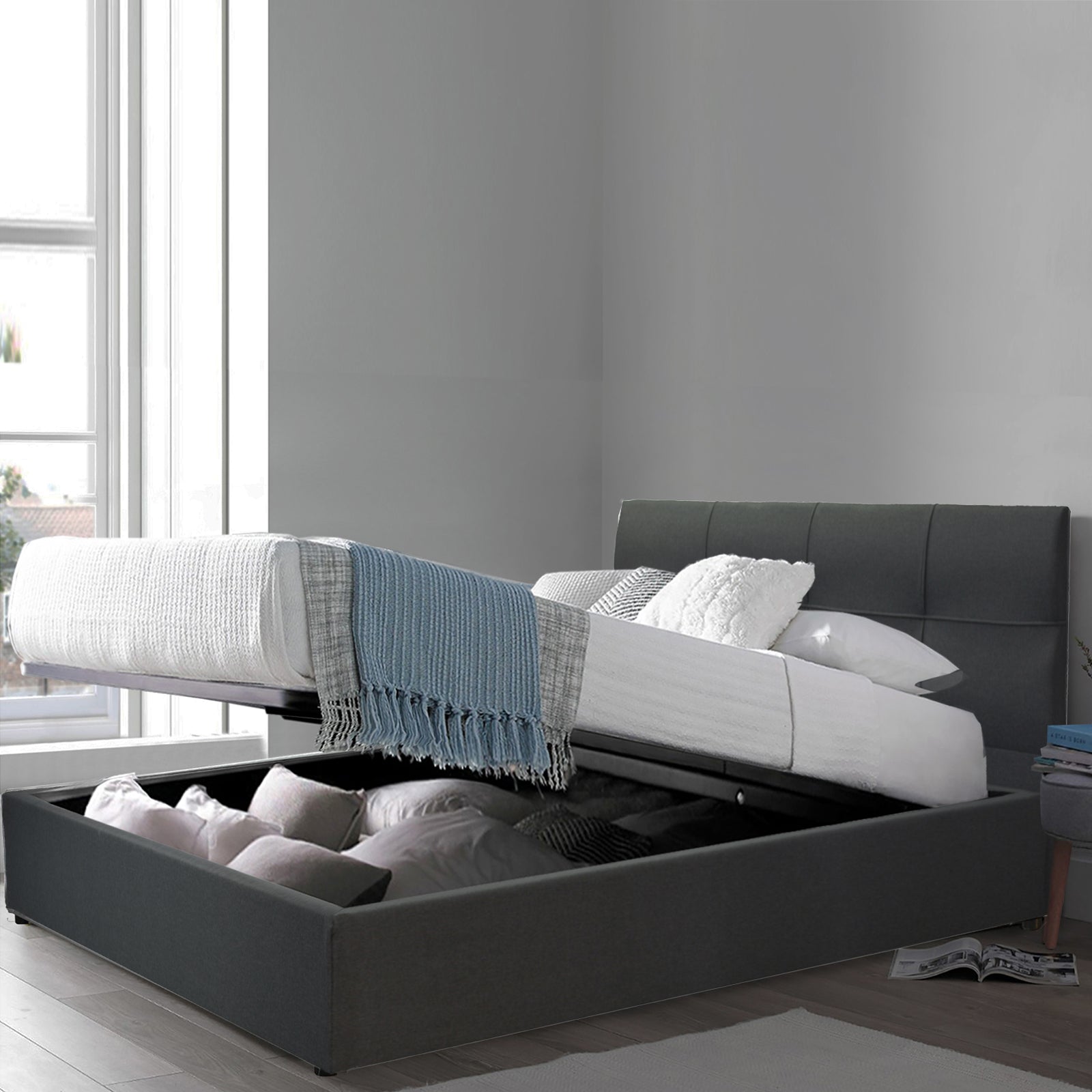 Lit Coffre Avec Rangement Spacieux - 3 Positions : Repos, Faire Le Lit, Ranger - Tissu Bouclette Sable 140x190 Cm - Marque Française SAMPUR