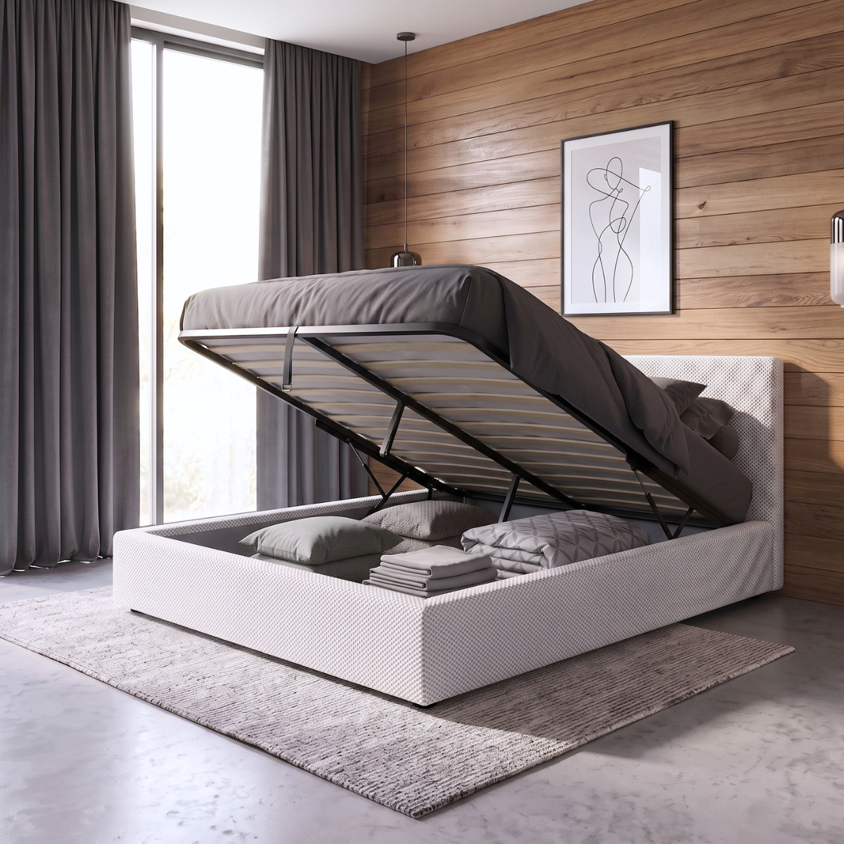Lit coffre tissu Mesh 3D, tête de lit, grand espace de stockage - Collection Versailles