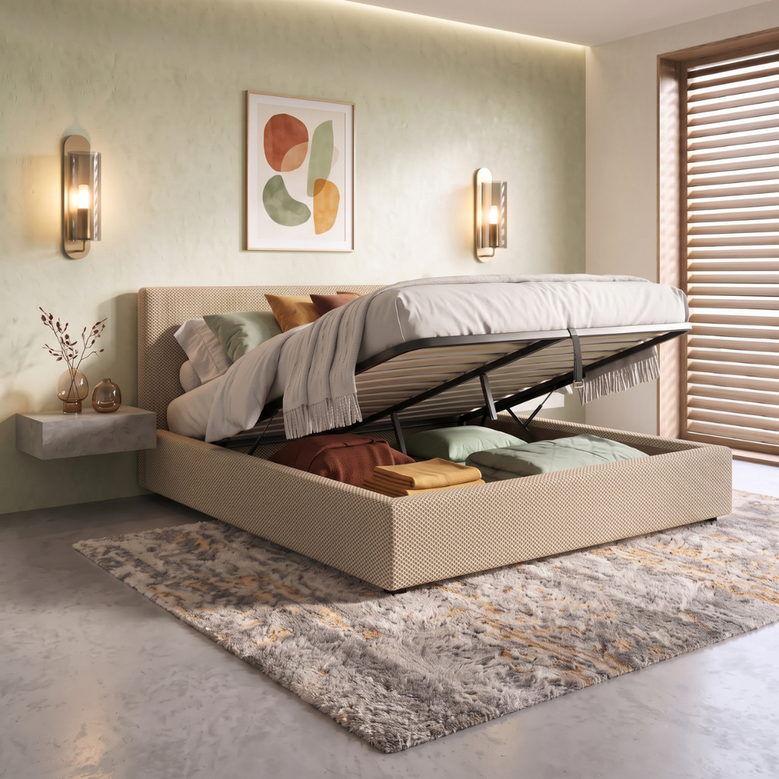 Lit coffre tissu Mesh 3D, tête de lit, grand espace de stockage - Collection Versailles