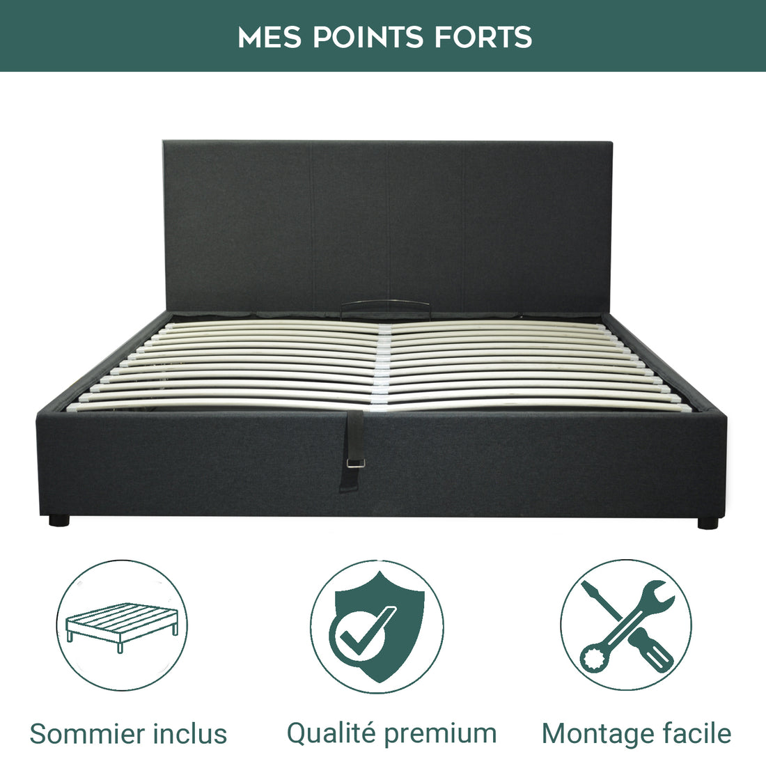 Lit coffre tissu, tête de lit, grand espace de stockage - Collection Versailles