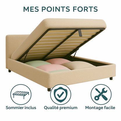 Lit coffre bouclette Versailles : tête de lit et grand coffre
