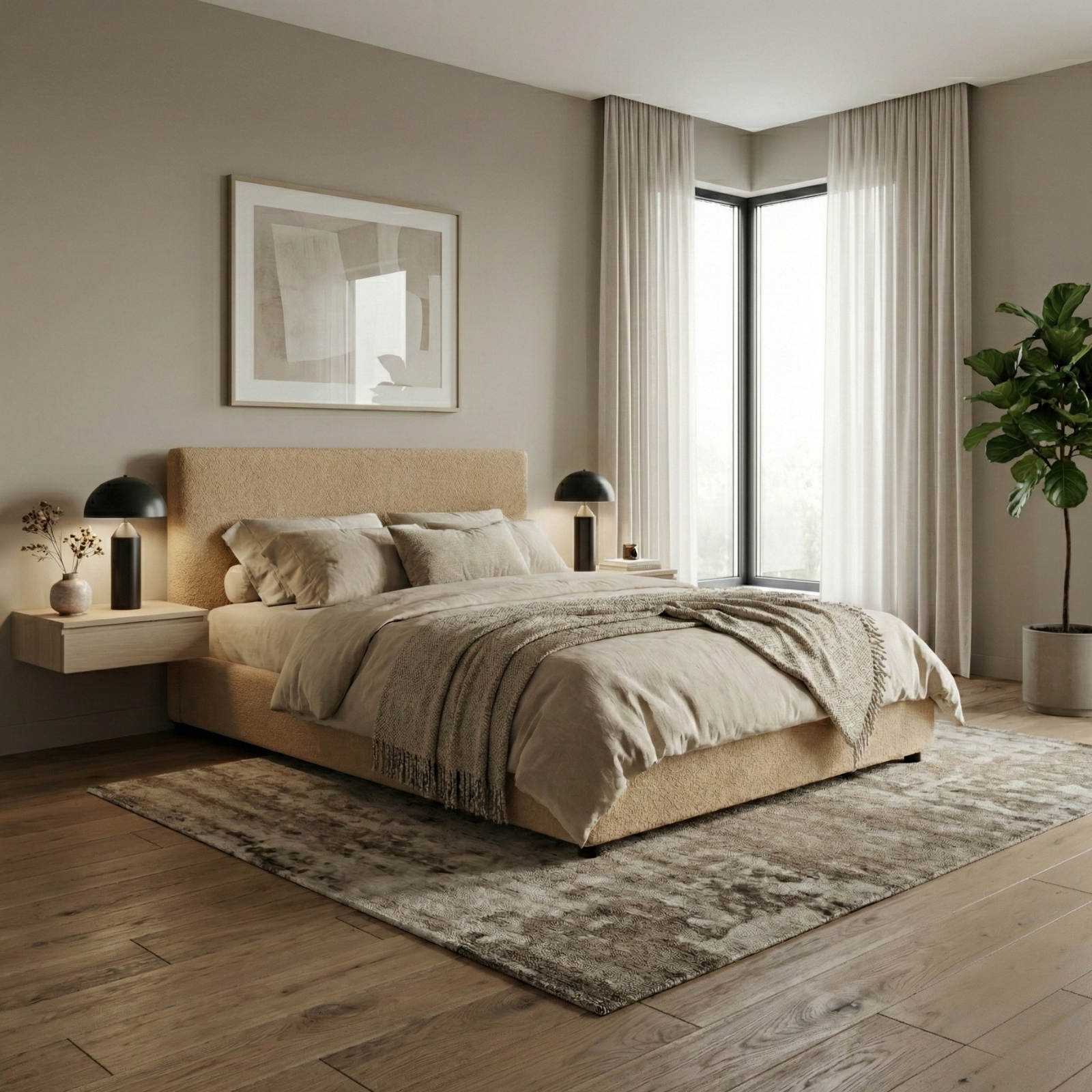 Boucle-upholstered storage bed with headboard and ample storage space - Versailles Collection