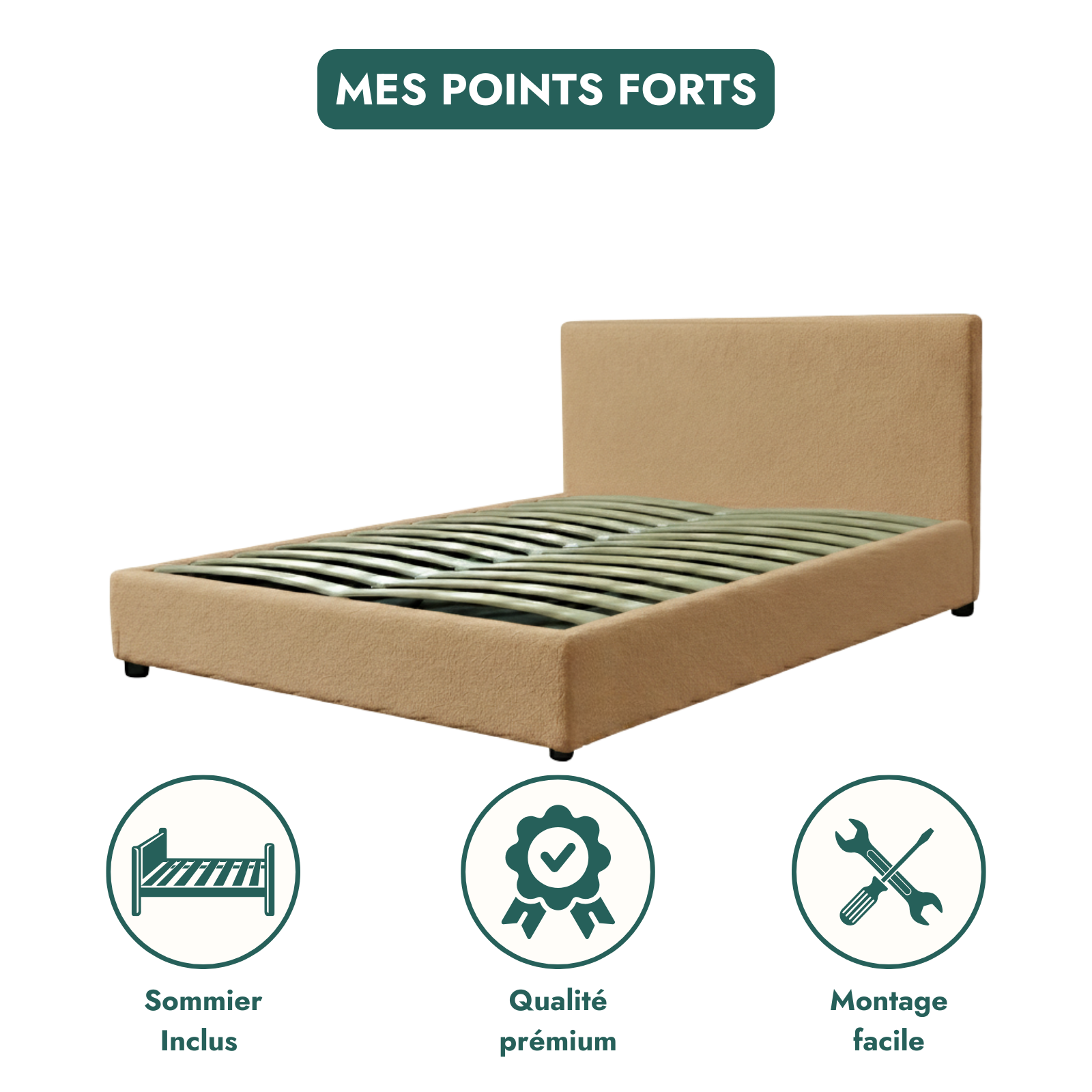 Boucle-upholstered storage bed with headboard and ample storage space - Versailles Collection