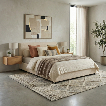 Boucle-upholstered storage bed with headboard and ample storage space - Versailles Collection