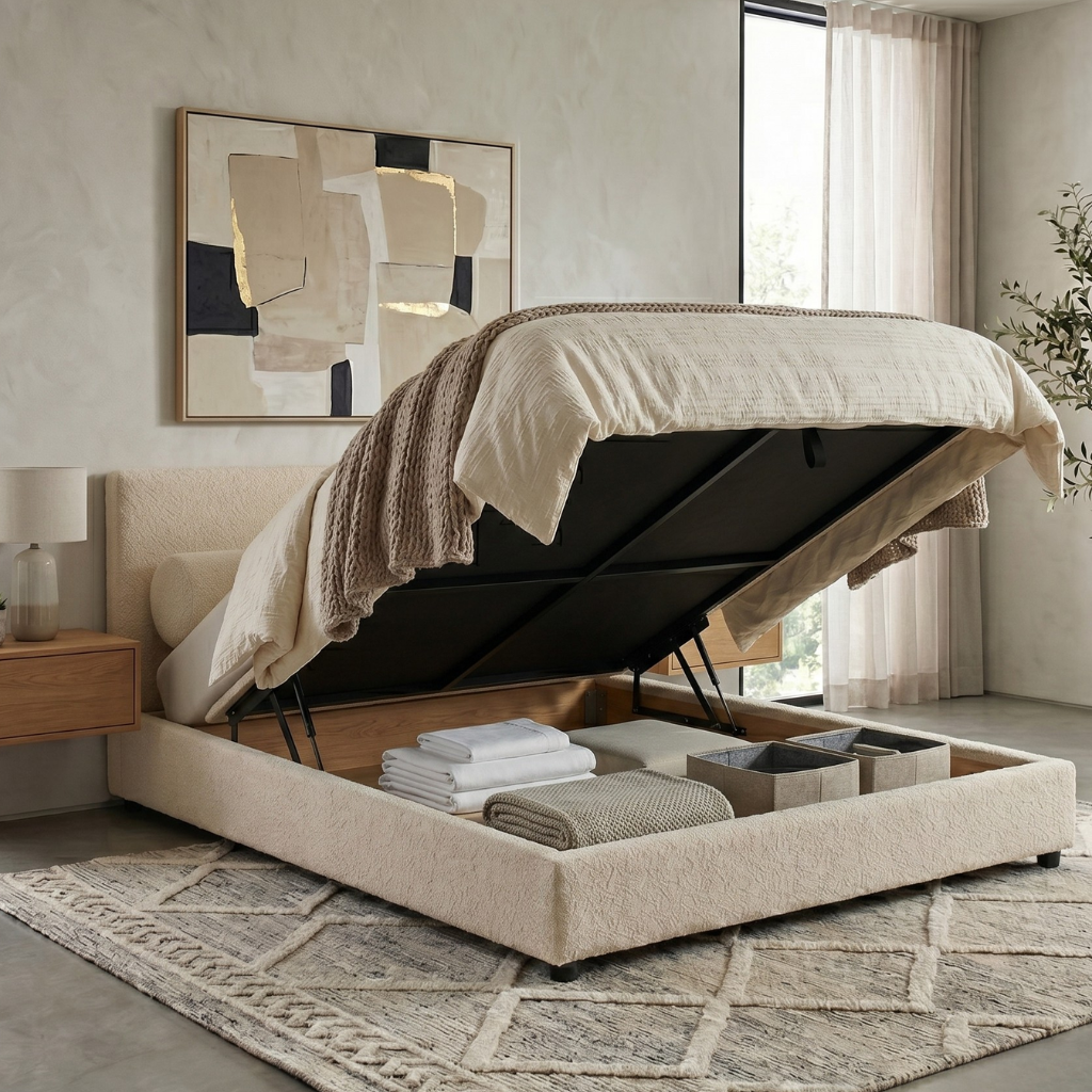 Boucle-upholstered storage bed with headboard and ample storage space - Versailles Collection