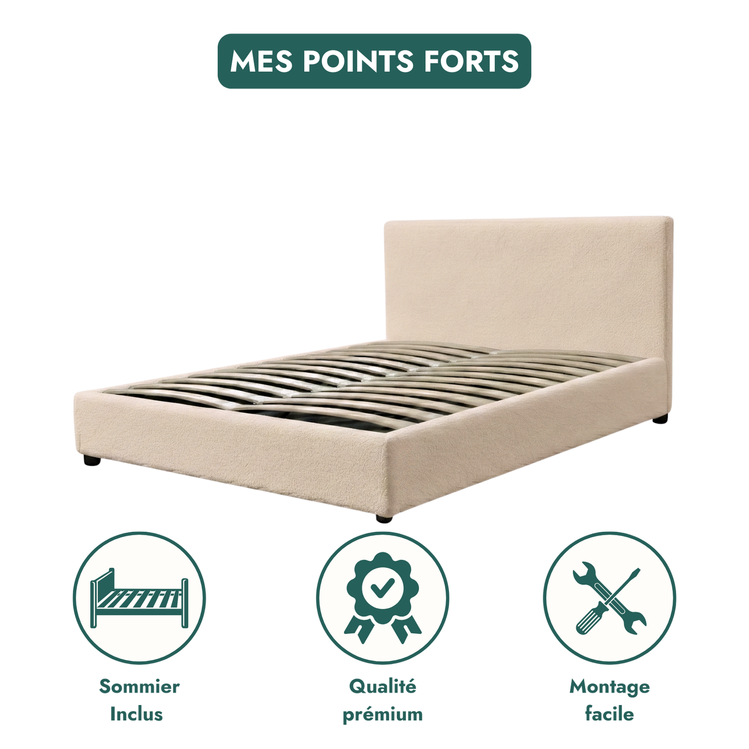 Boucle-upholstered storage bed with headboard and ample storage space - Versailles Collection