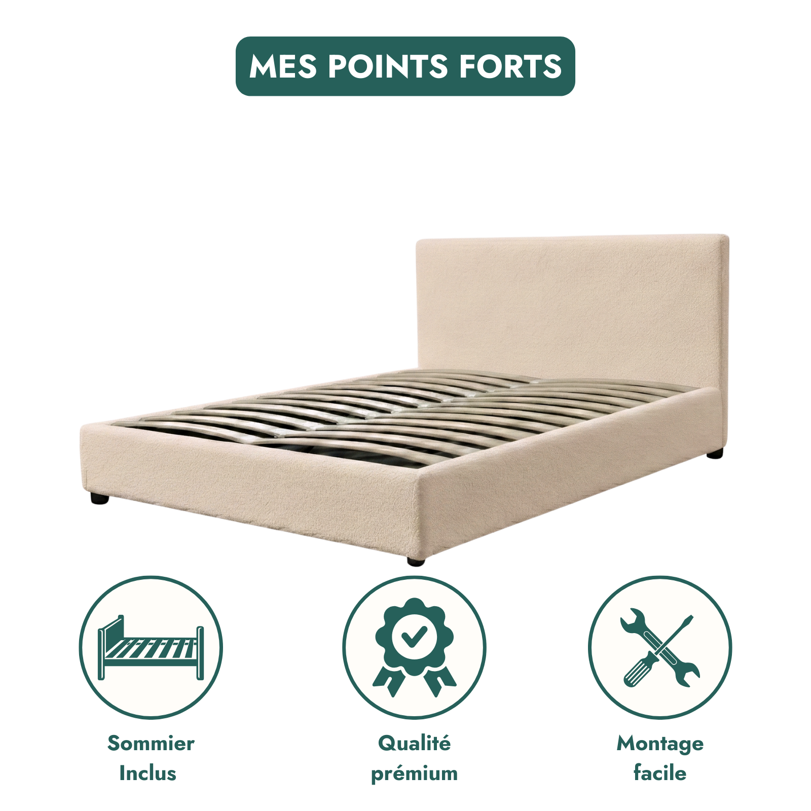 Boucle-upholstered storage bed with headboard and ample storage space - Versailles Collection