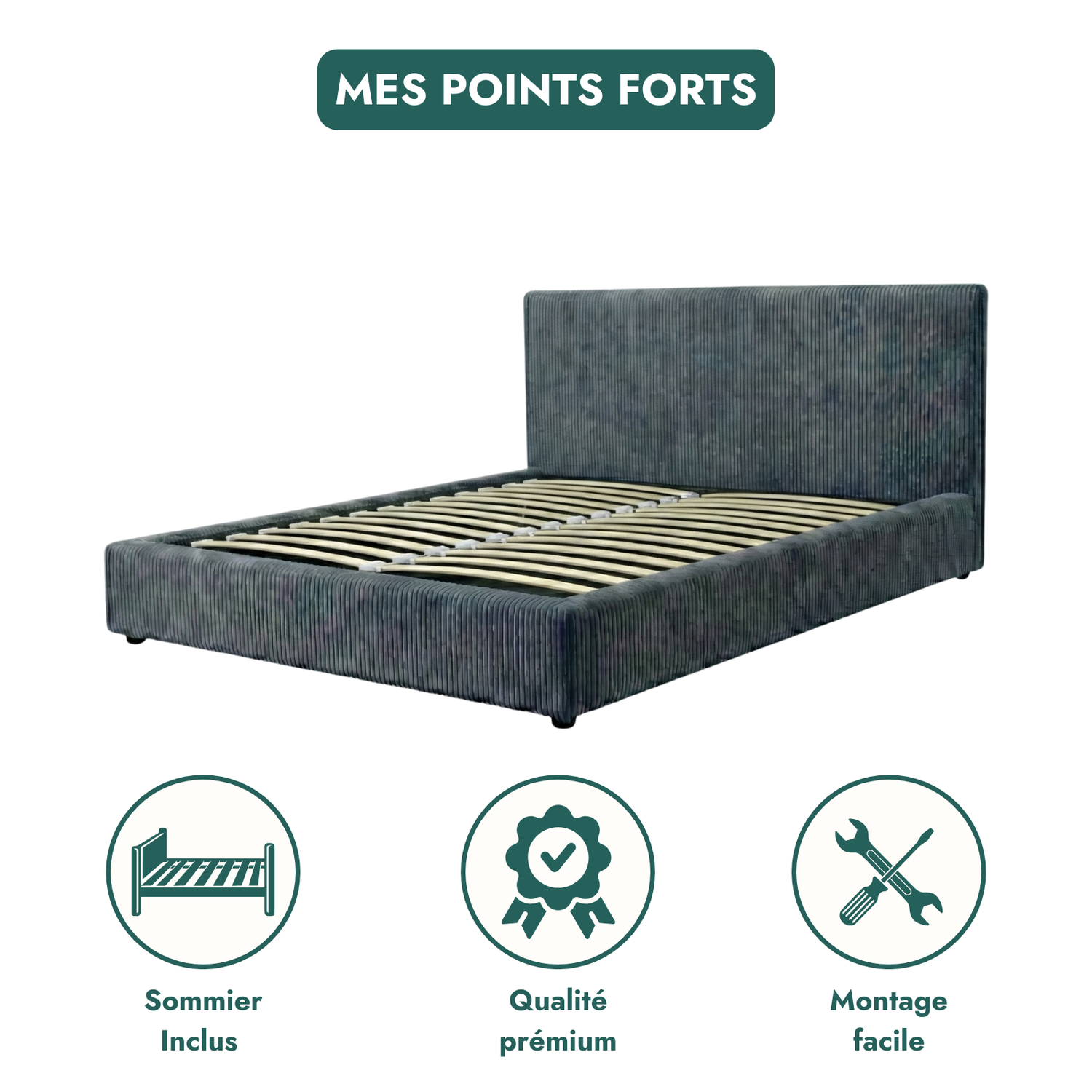 Corduroy storage bed, headboard, large storage space - Versailles Collection