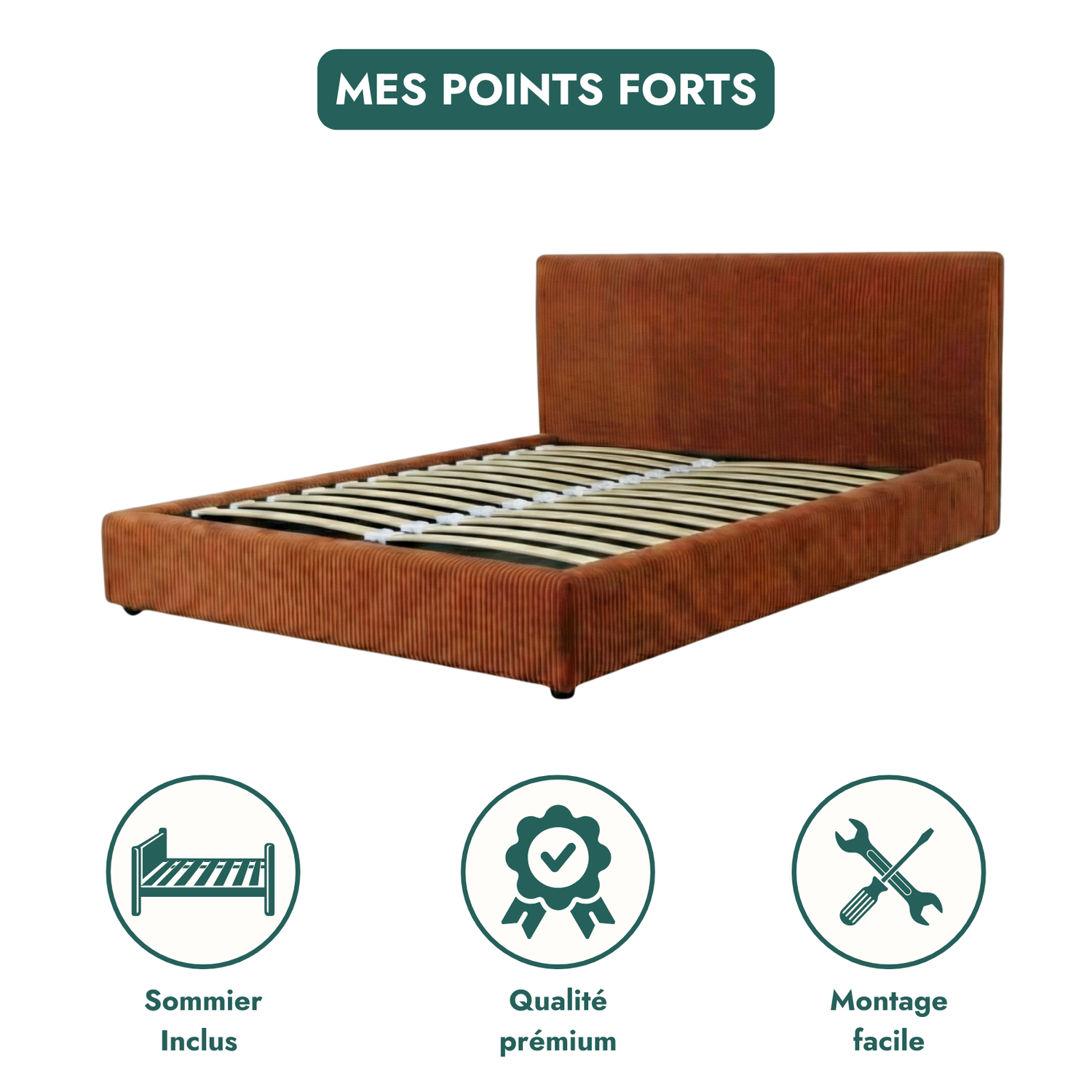 Corduroy storage bed, headboard, large storage space - Versailles Collection