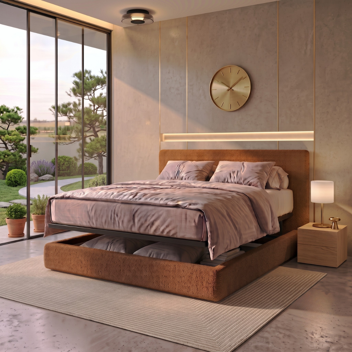 Storage bed with side and front opening headboard in bouclé fabric - Parallèle design collection
