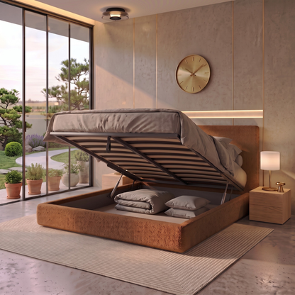 Storage bed with side and front opening headboard in bouclé fabric - Parallèle design collection