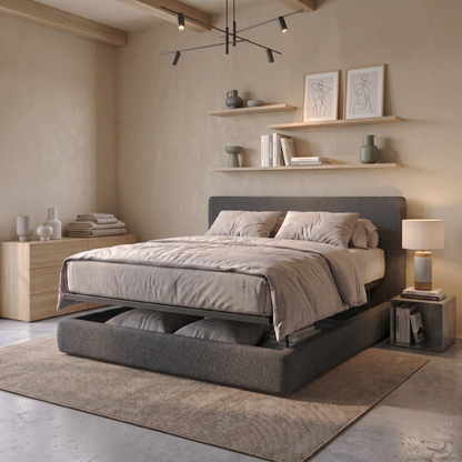 Storage bed with side and front opening headboard in bouclé fabric - Parallèle design collection
