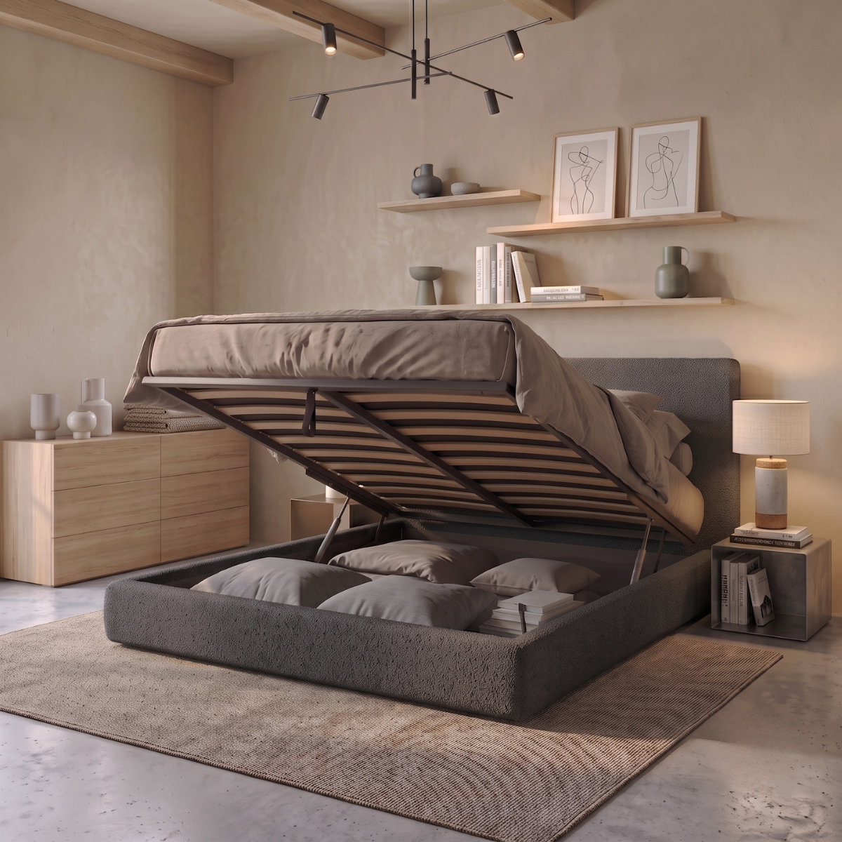 Storage bed with side and front opening headboard in bouclé fabric - Parallèle design collection
