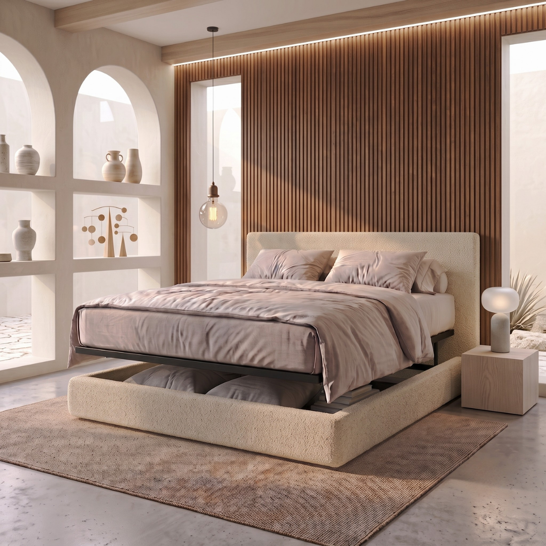 Storage bed with side and front opening headboard in bouclé fabric - Parallèle design collection