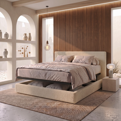 Storage bed with side and front opening headboard in bouclé fabric - Parallèle design collection
