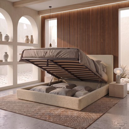 Storage bed with side and front opening headboard in bouclé fabric - Parallèle design collection