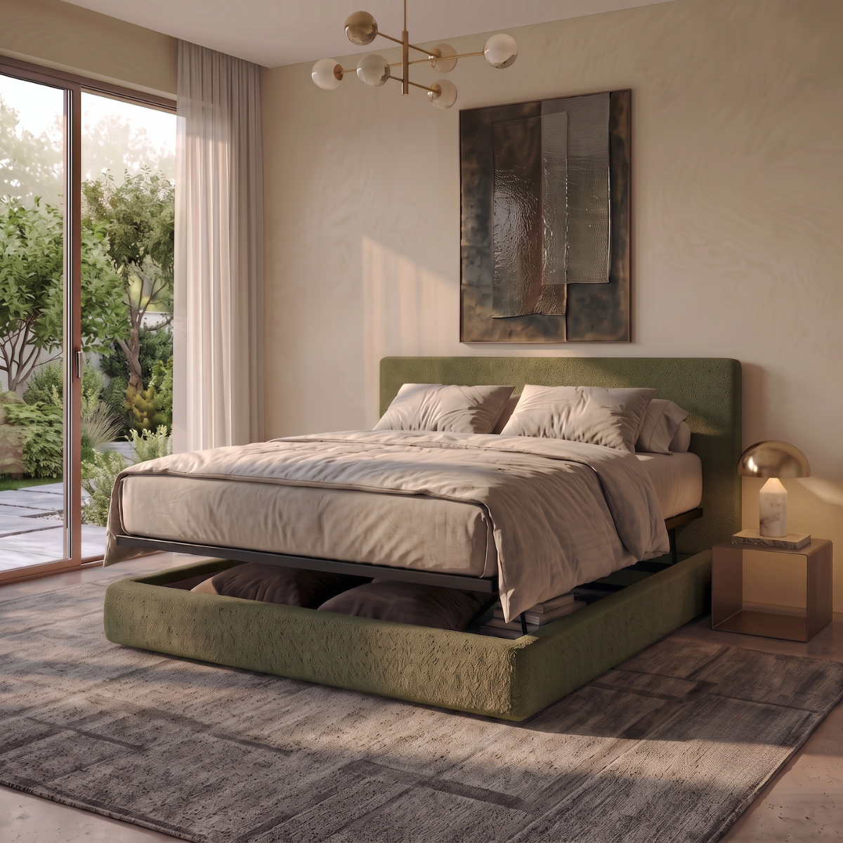 Storage bed with side and front opening headboard in bouclé fabric - Parallèle design collection