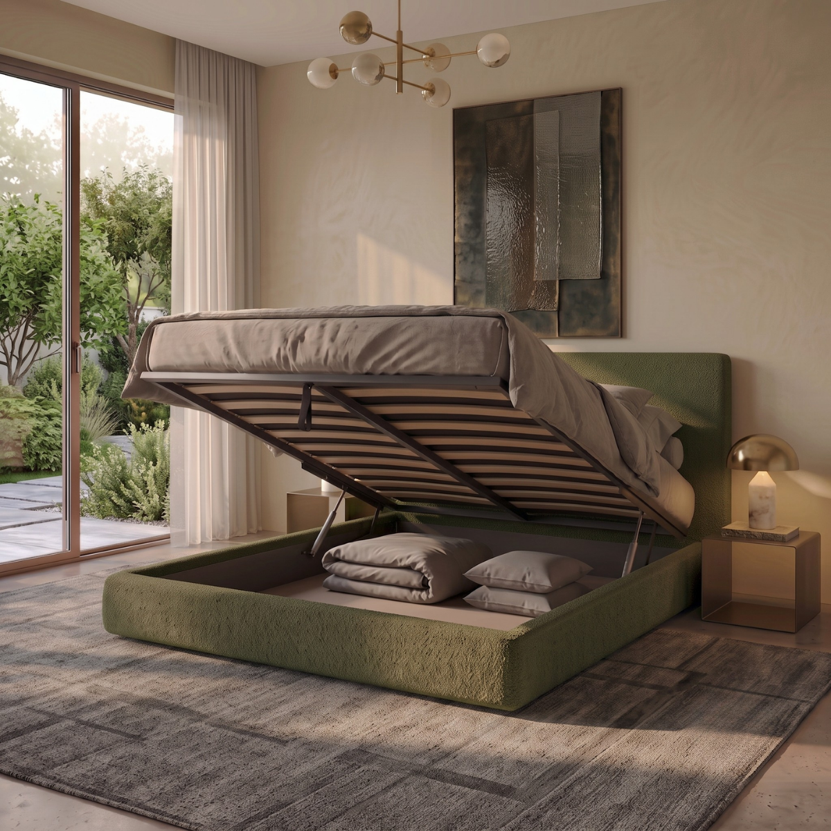 Storage bed with side and front opening headboard in bouclé fabric - Parallèle design collection
