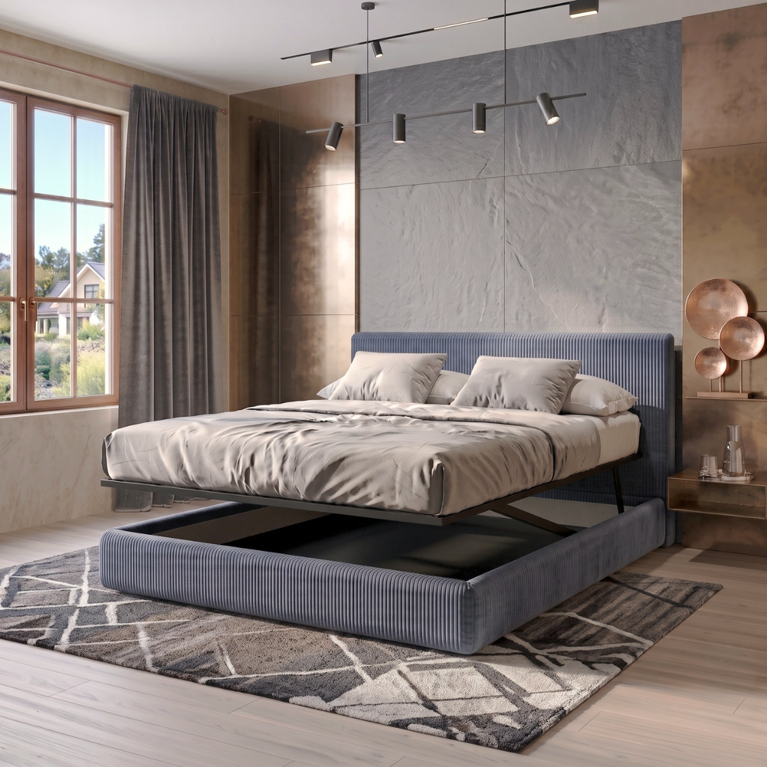 Storage bed with side and front opening headboard in corduroy - Parallèle design collection