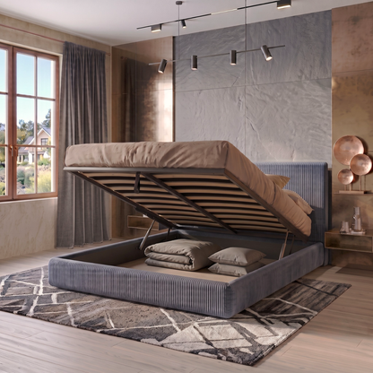 Storage bed with side and front opening headboard in corduroy - Parallèle design collection